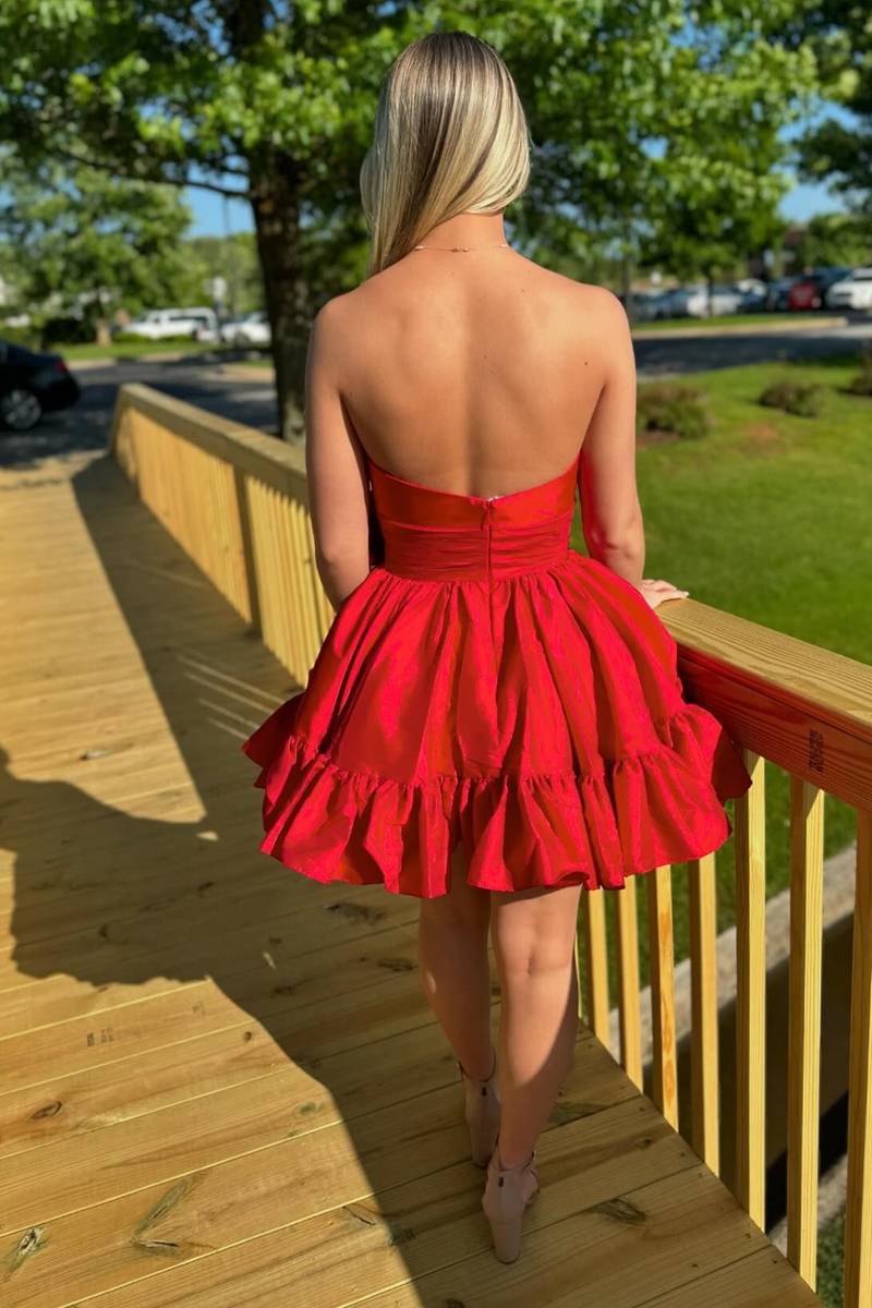 Strapless Red Taffeta A-line Short Party Dress with Bow Back Shot