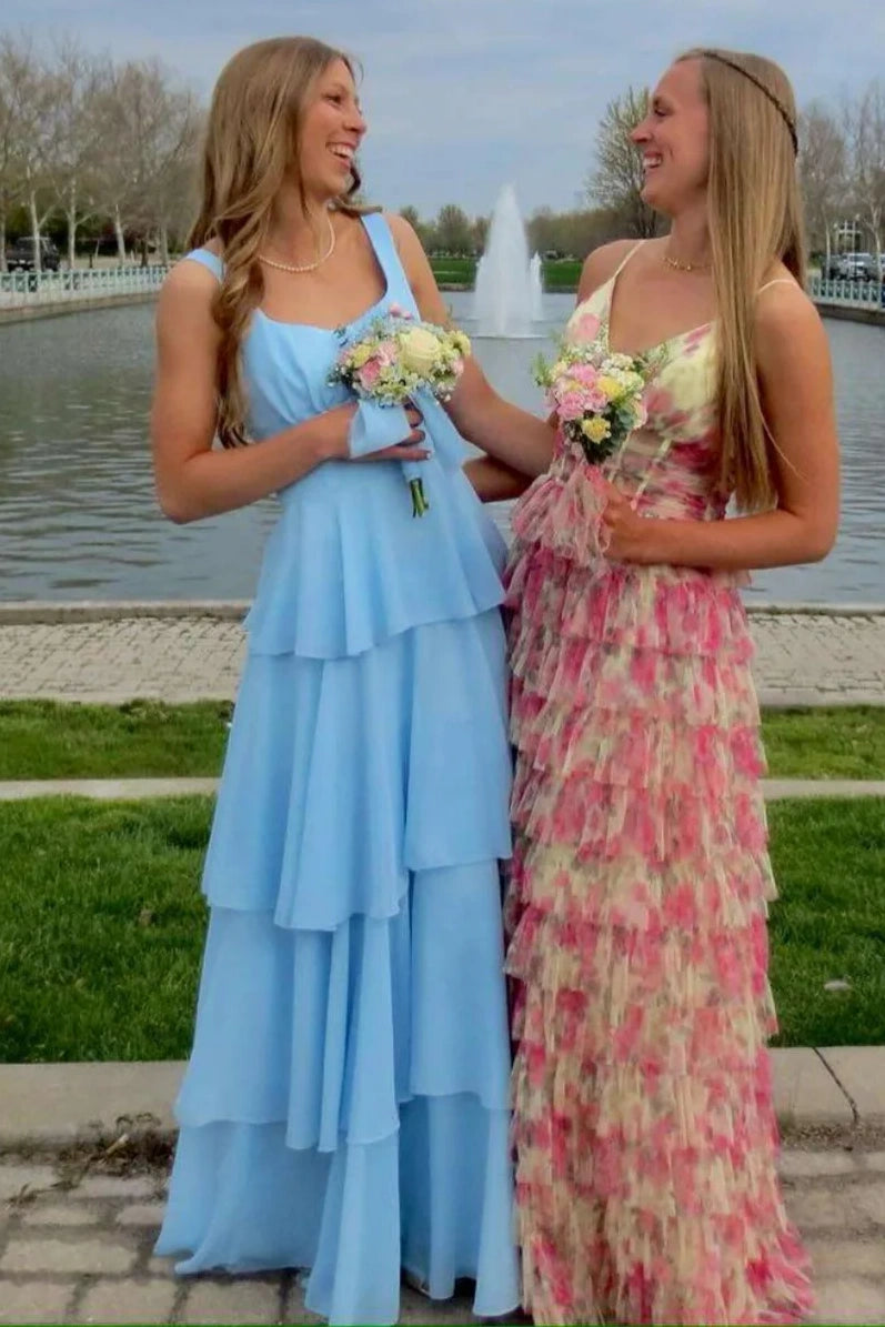 Straps Empire A-Line Chiffon Tiered Formal Party Prom Dress