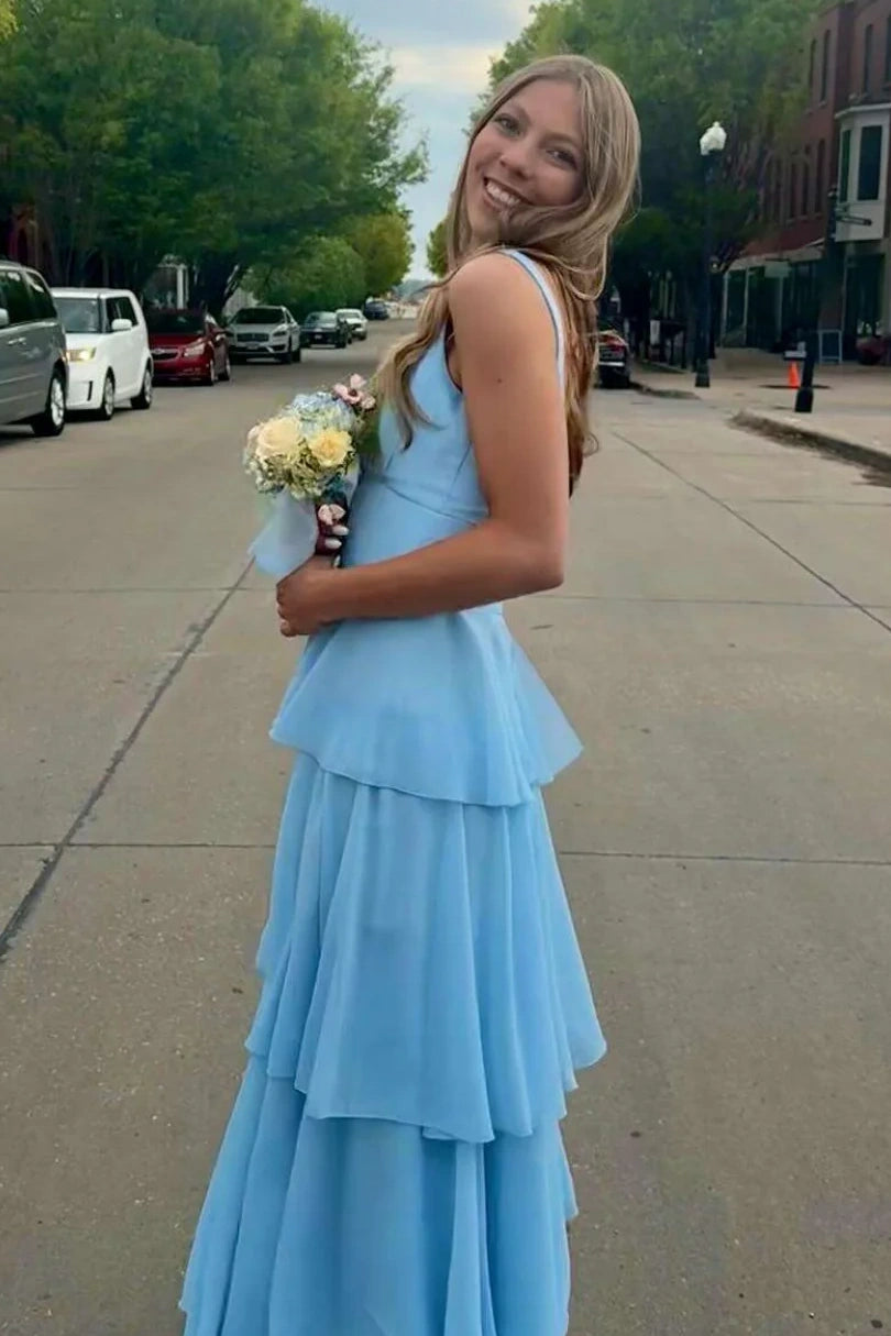 Straps Empire A-Line Chiffon Tiered Formal Party Prom Dress