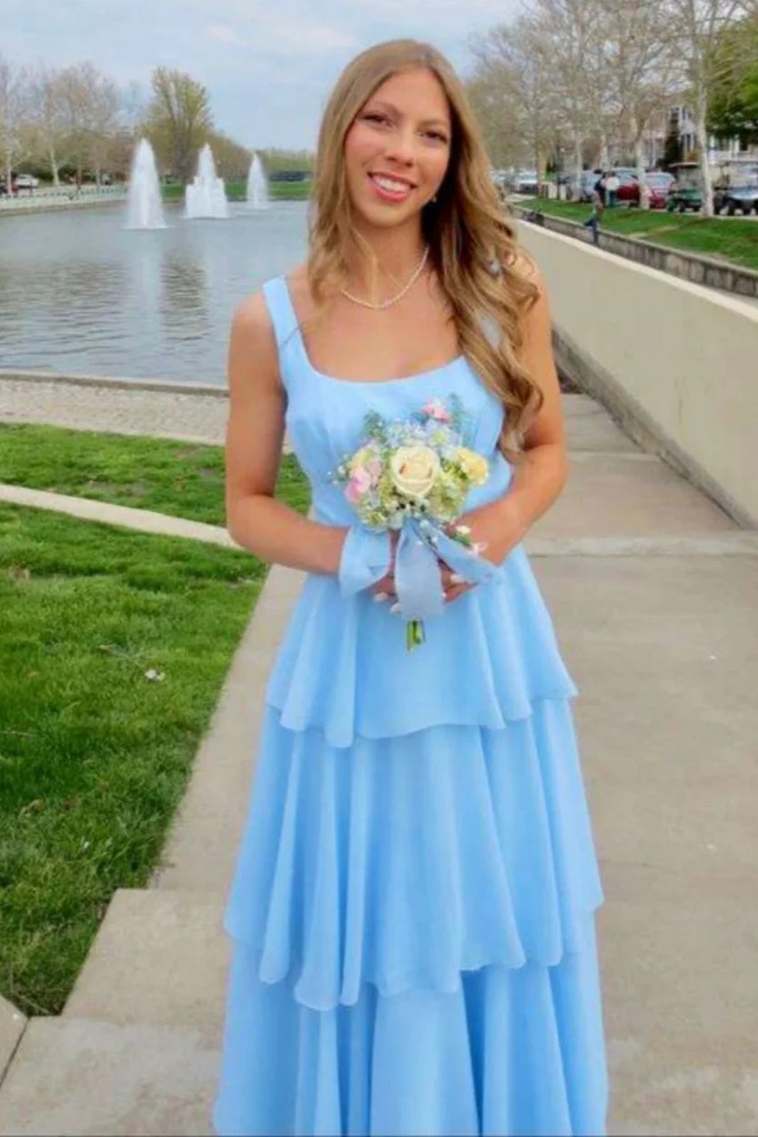 Straps Empire A-Line Chiffon Tiered Formal Party Prom Dress