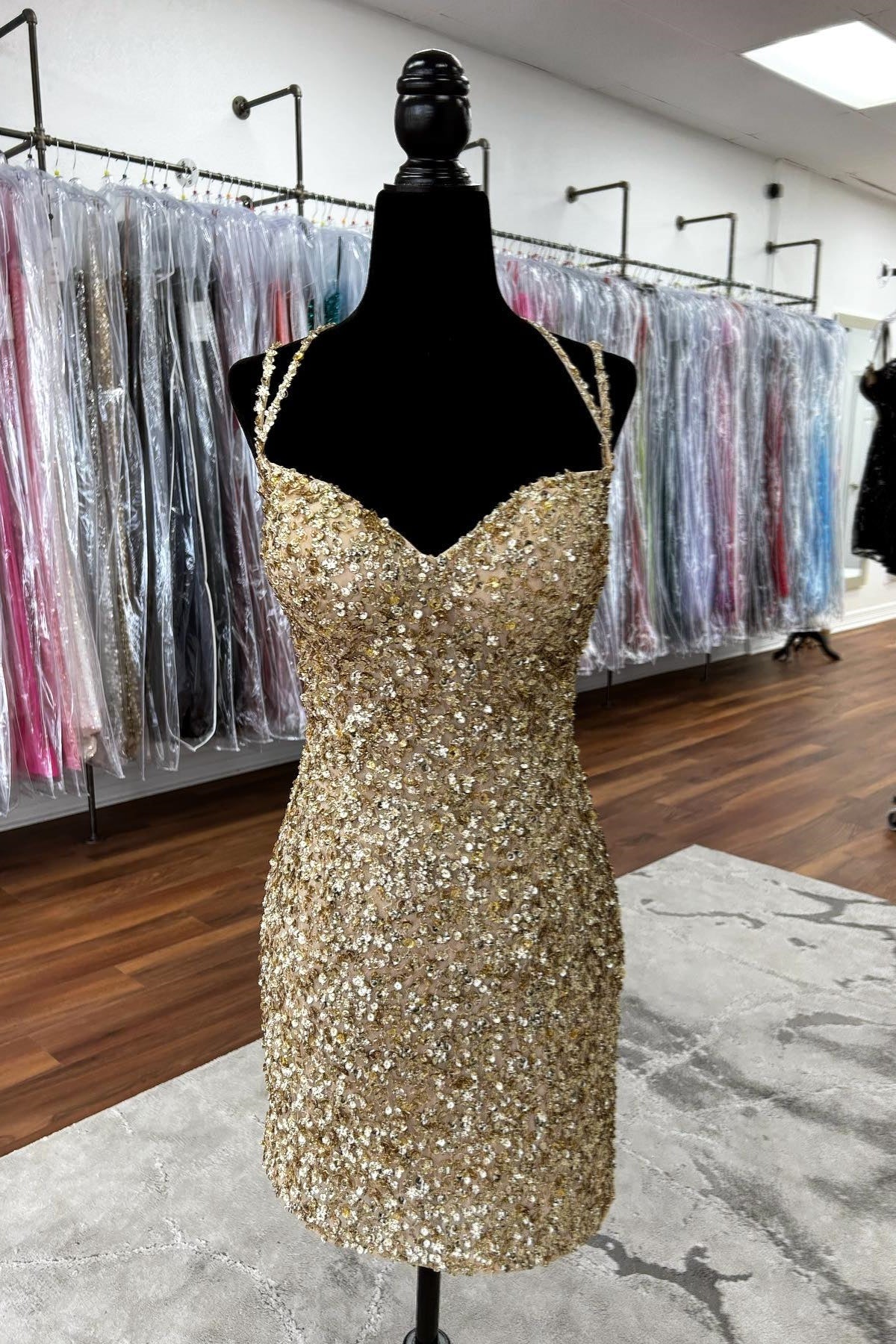 Straps Lace-Up Fully Sequin Mini Fitted Homecoming Dress