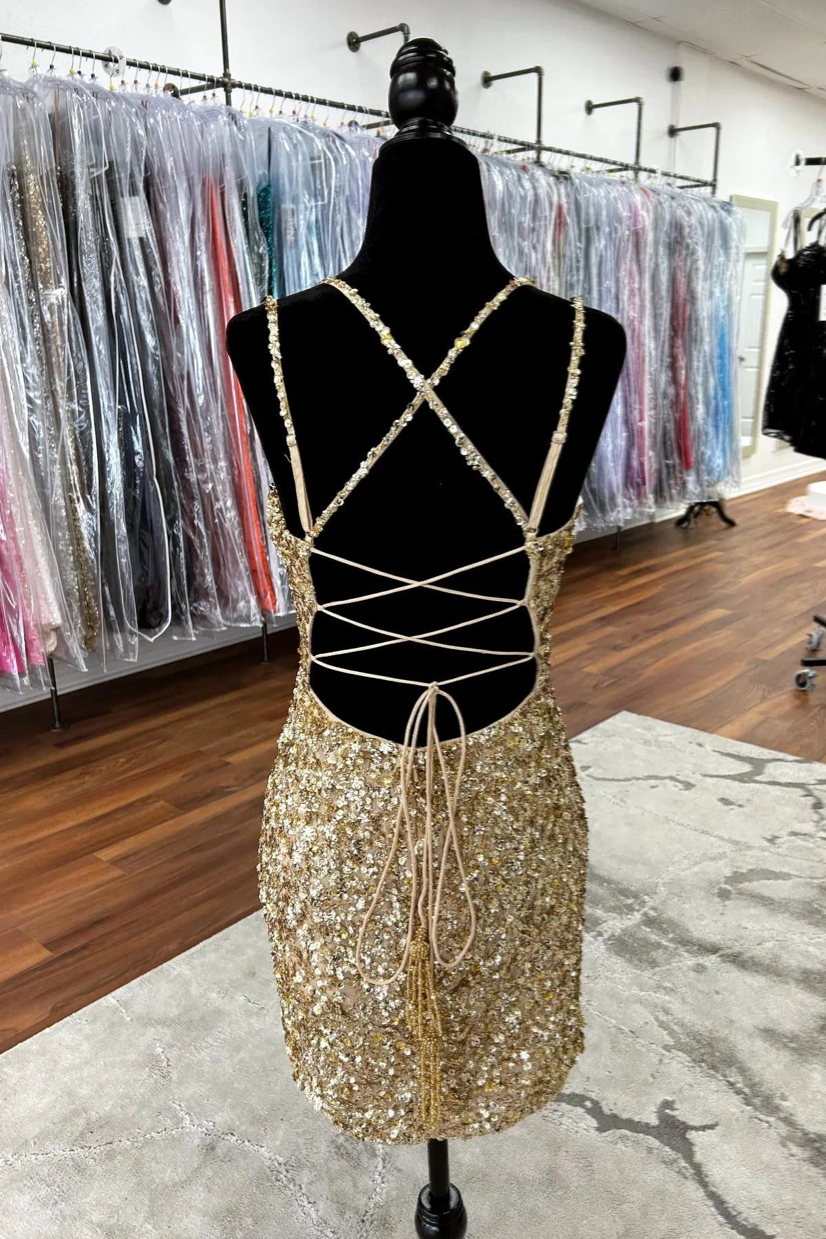 Straps Lace-Up Fully Sequin Mini Fitted Homecoming Dress