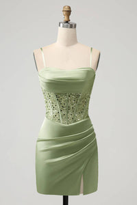 Straps Sage Green Sequin Mini Dress Full Front Shot
