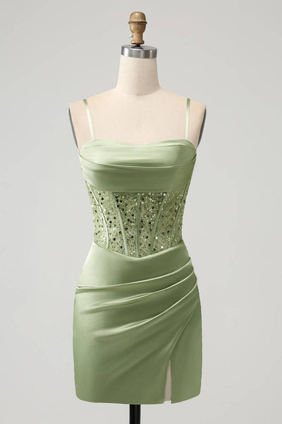 Straps Sage Green Sequin Mini Dress Full Front Shot