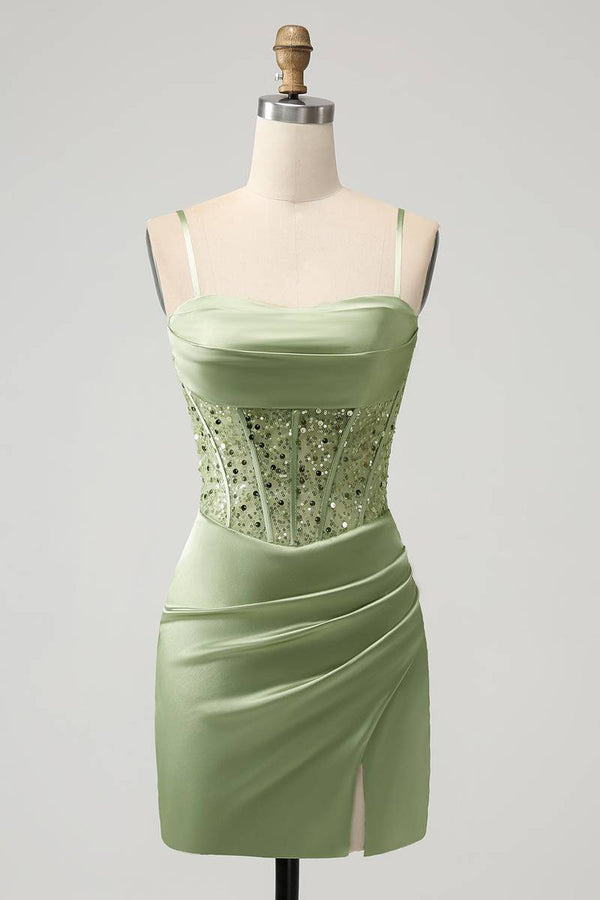 Straps Sage Green Sequin Mini Dress Full Front Shot