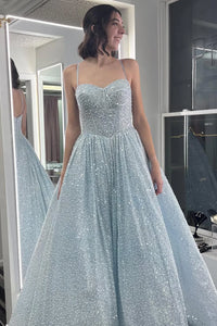 Sweetheart A-Line High Waist Sparkly Maxi Party Prom Dress