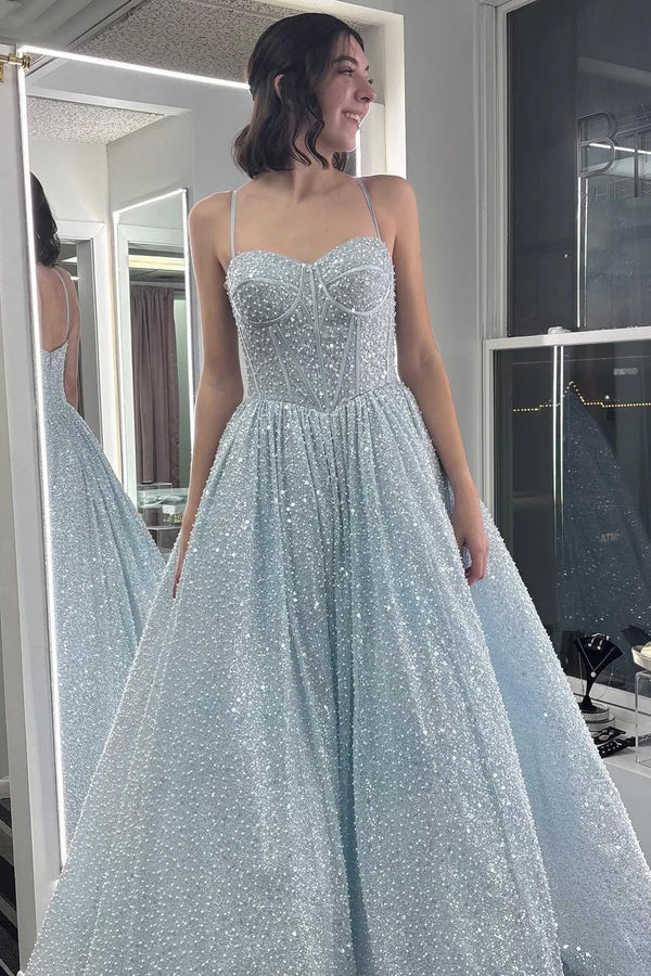Sweetheart A-Line High Waist Sparkly Maxi Party Prom Dress