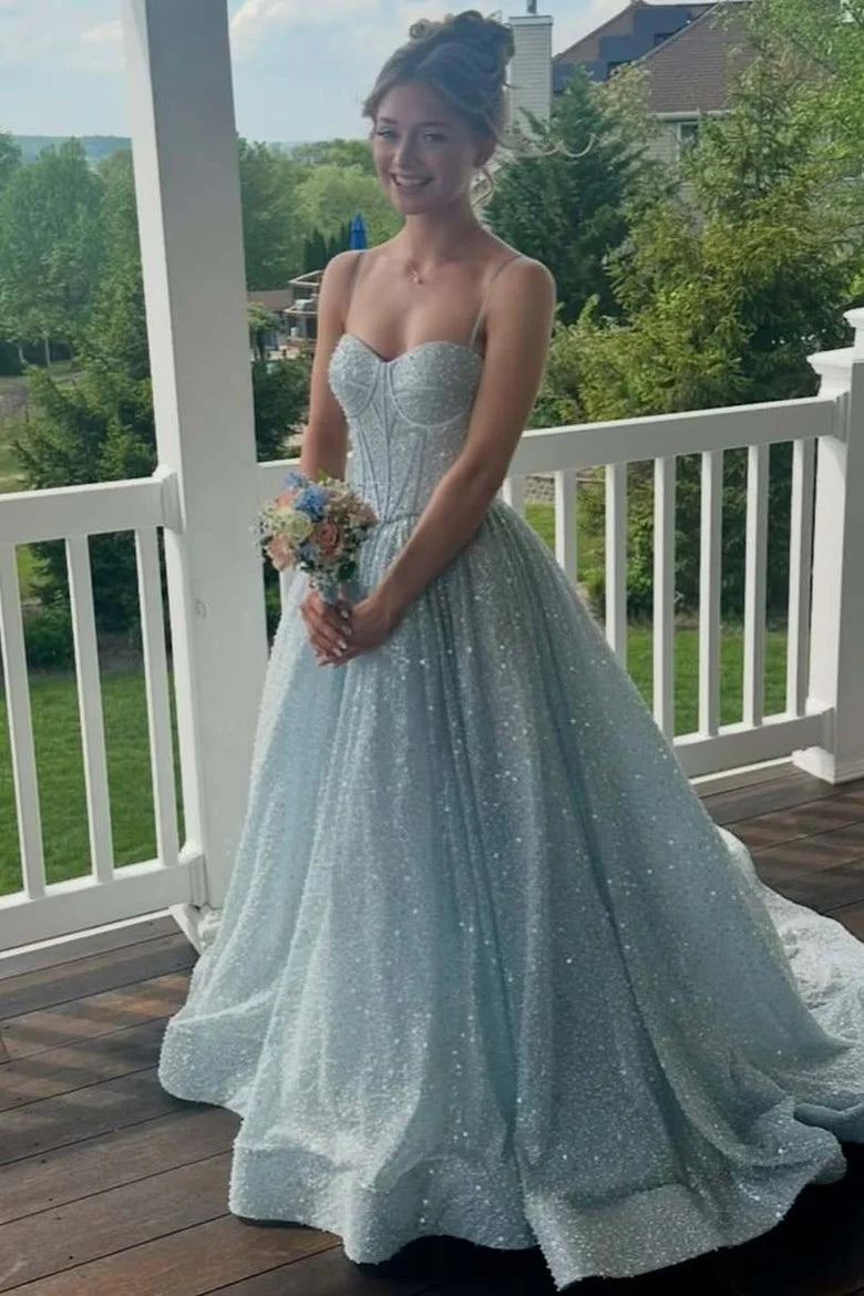 Sweetheart A-Line High Waist Sparkly Maxi Party Prom Dress