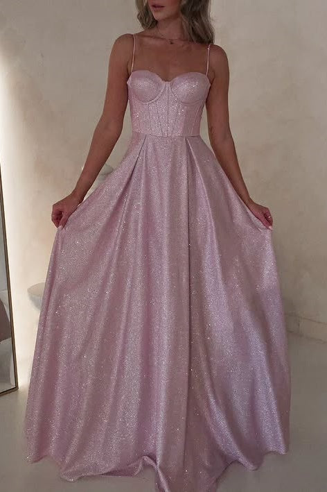 Glitter Satin A-Line Sweetheart Sleeveless Maxi Party Prom Dress