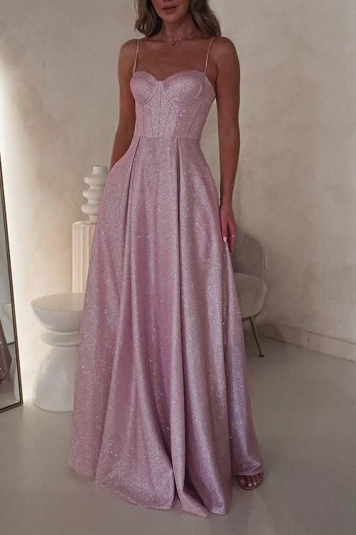 Glitter Satin A-Line Sweetheart Sleeveless Maxi Party Prom Dress