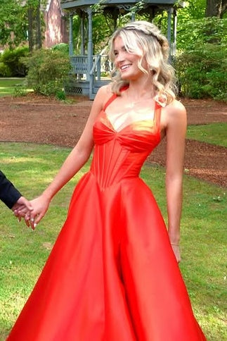 Sweetheart Halter Satin A-Line Party Prom Dress With Train