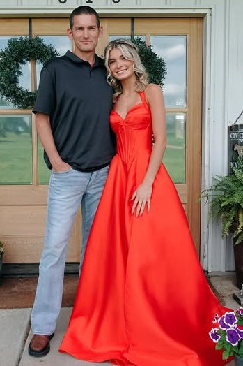 Sweetheart Halter Satin A-Line Party Prom Dress With Train