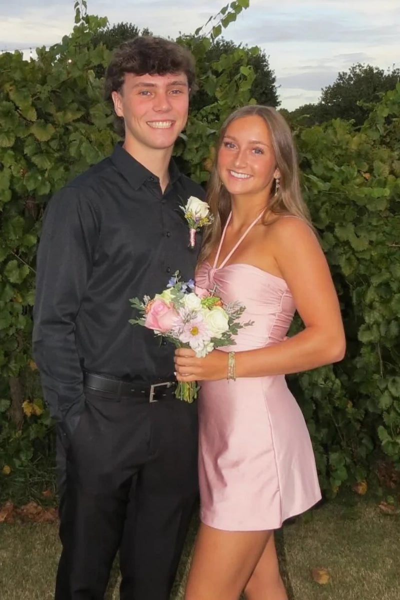 Sweetheart Halter Sleeveless Mini Satin Sheath Party Homecoming Dress