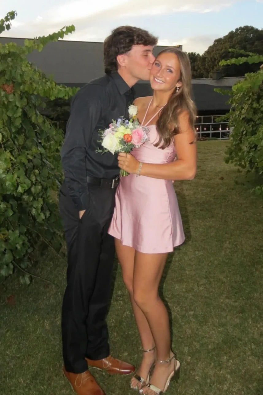 Sweetheart Halter Sleeveless Mini Satin Sheath Party Homecoming Dress