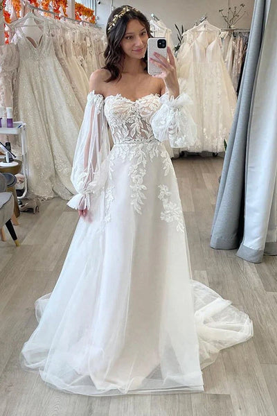Sweetheart High Waist A-Line Beach Wedding Dress With Train