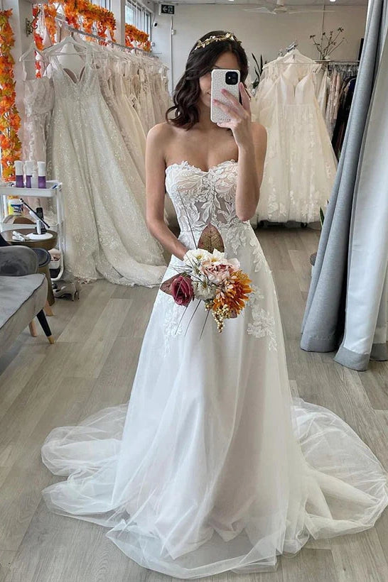 Sweetheart High Waist A-Line Beach Wedding Dress With Train