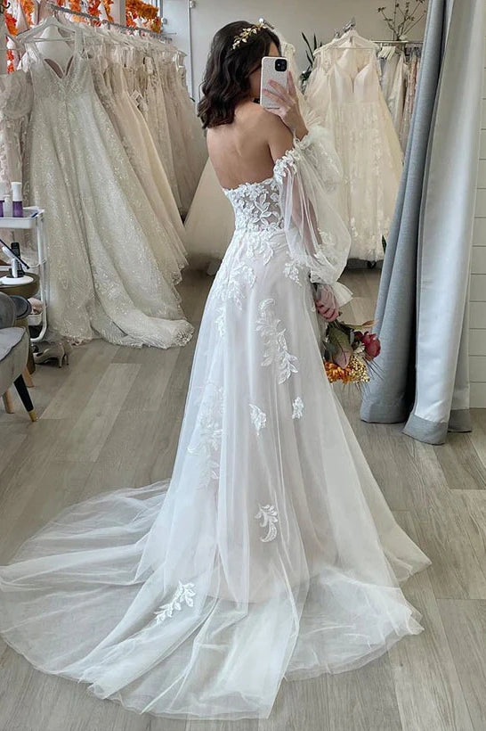 Sweetheart High Waist A-Line Beach Wedding Dress With Train