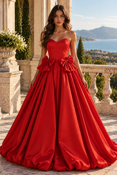 Sweetheart Sleeveless A-Line Empire Satin Party Prom Dress With Bows