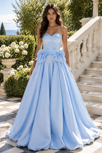Sweetheart Sleeveless A-Line Empire Satin Party Prom Dress With Bows
