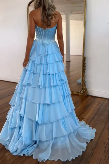 Dark Navy Strapless Pleated Prom Dress with Ruffle