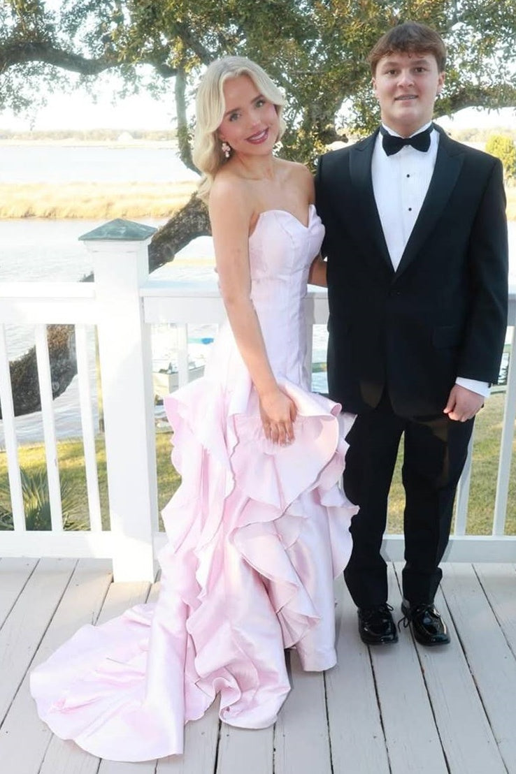 Sweetheart Sleeveless Ruffle Satin Party Prom Dress With Train