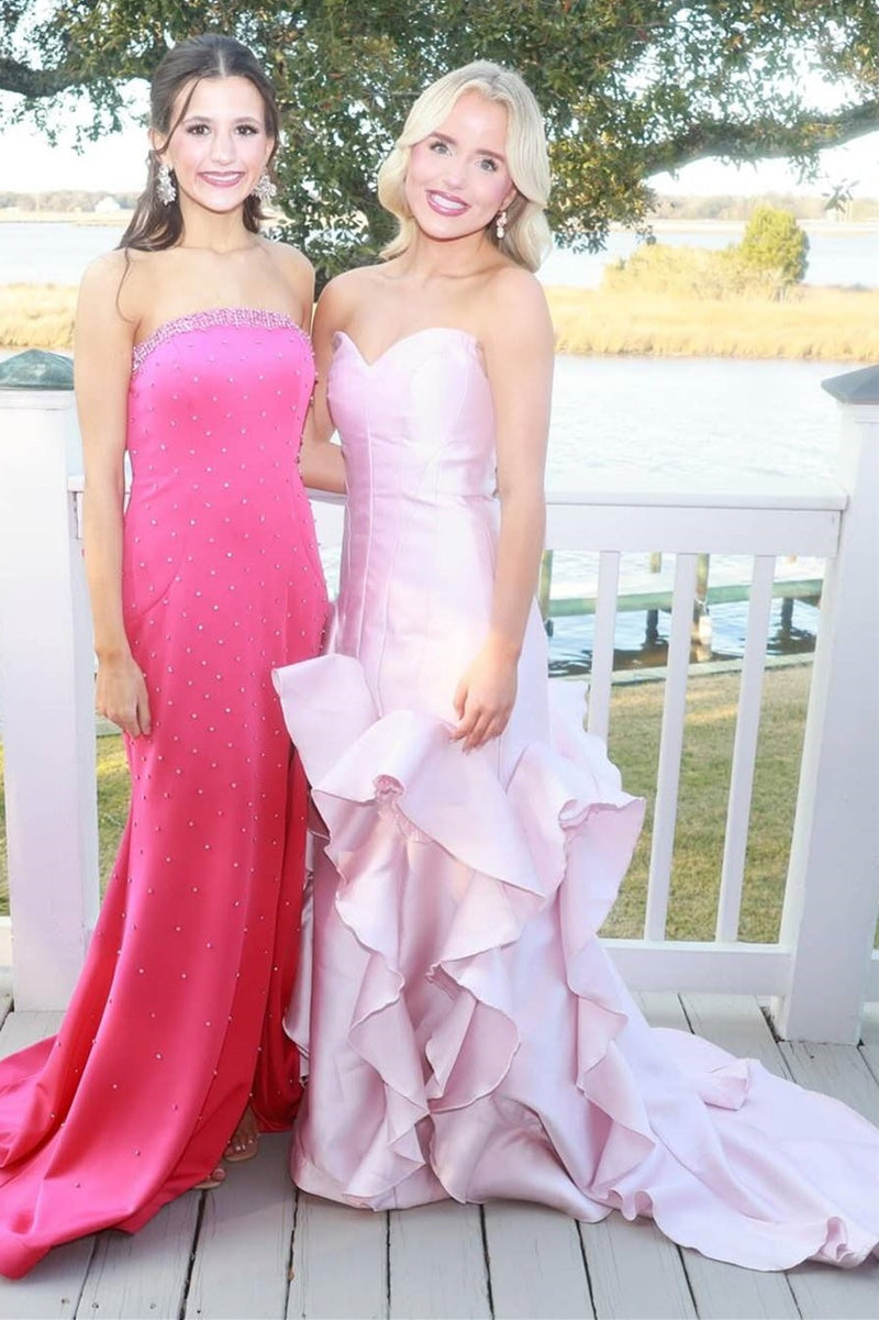 Sweetheart Sleeveless Ruffle Satin Party Prom Dress With Train