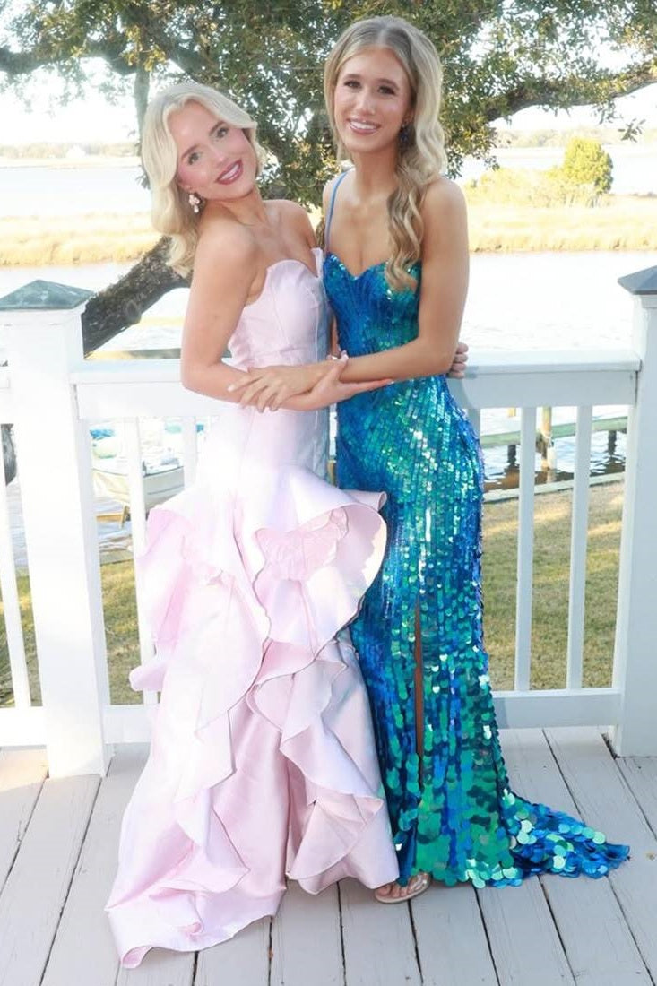 Sweetheart Sleeveless Ruffle Satin Party Prom Dress With Train