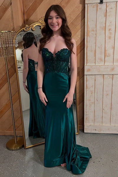 Sweetheart Sleeveless Mermaid Satin Lace Appliques Party Prom Dress