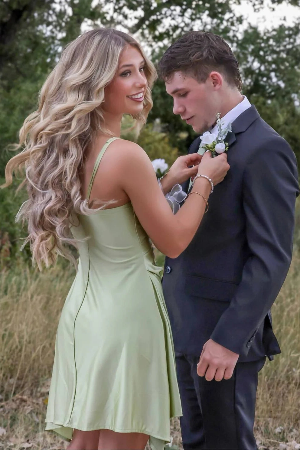 Sweetheart Spaghetti Straps Green A-Line Satin Homecoming Dress