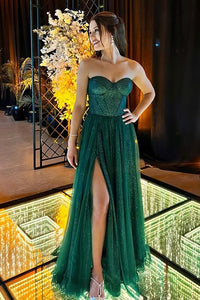 Sweetheart Strapless A-Line Empire Sparkly Party Prom Dress With Slit