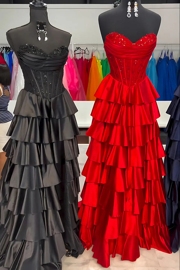 Elegant Navy Blue Strapless Applique Ruffle Prom Gown with Slit