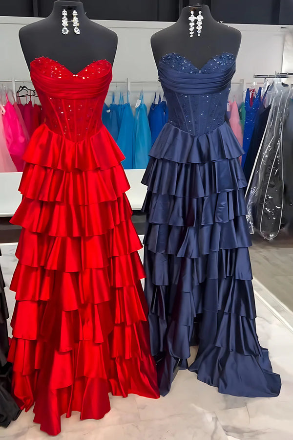 Elegant Navy Blue Strapless Applique Ruffle Prom Gown with Slit