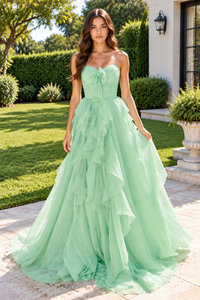 Sweetheart Strapless Chiffon A-Line Ruffle Maxi Party Prom Dress