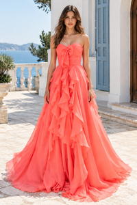 Sweetheart Strapless Chiffon A-Line Ruffle Maxi Party Prom Dress