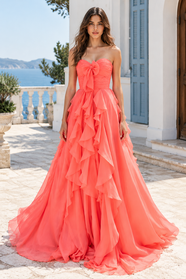 Sweetheart Strapless Chiffon A-Line Ruffle Maxi Party Prom Dress