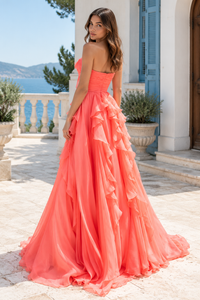 Sweetheart Strapless Chiffon A-Line Ruffle Maxi Party Prom Dress