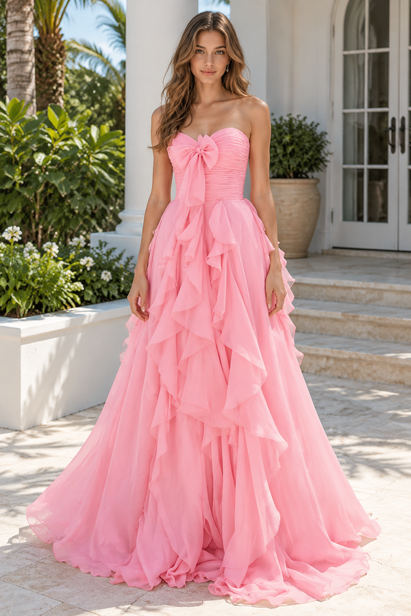 Sweetheart Strapless Chiffon A-Line Ruffle Maxi Party Prom Dress