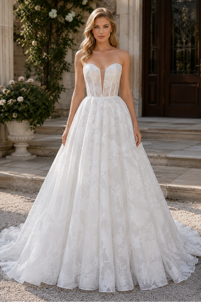 Sweetheart Strapless Empire A-Line Lace Floral Wedding Dress