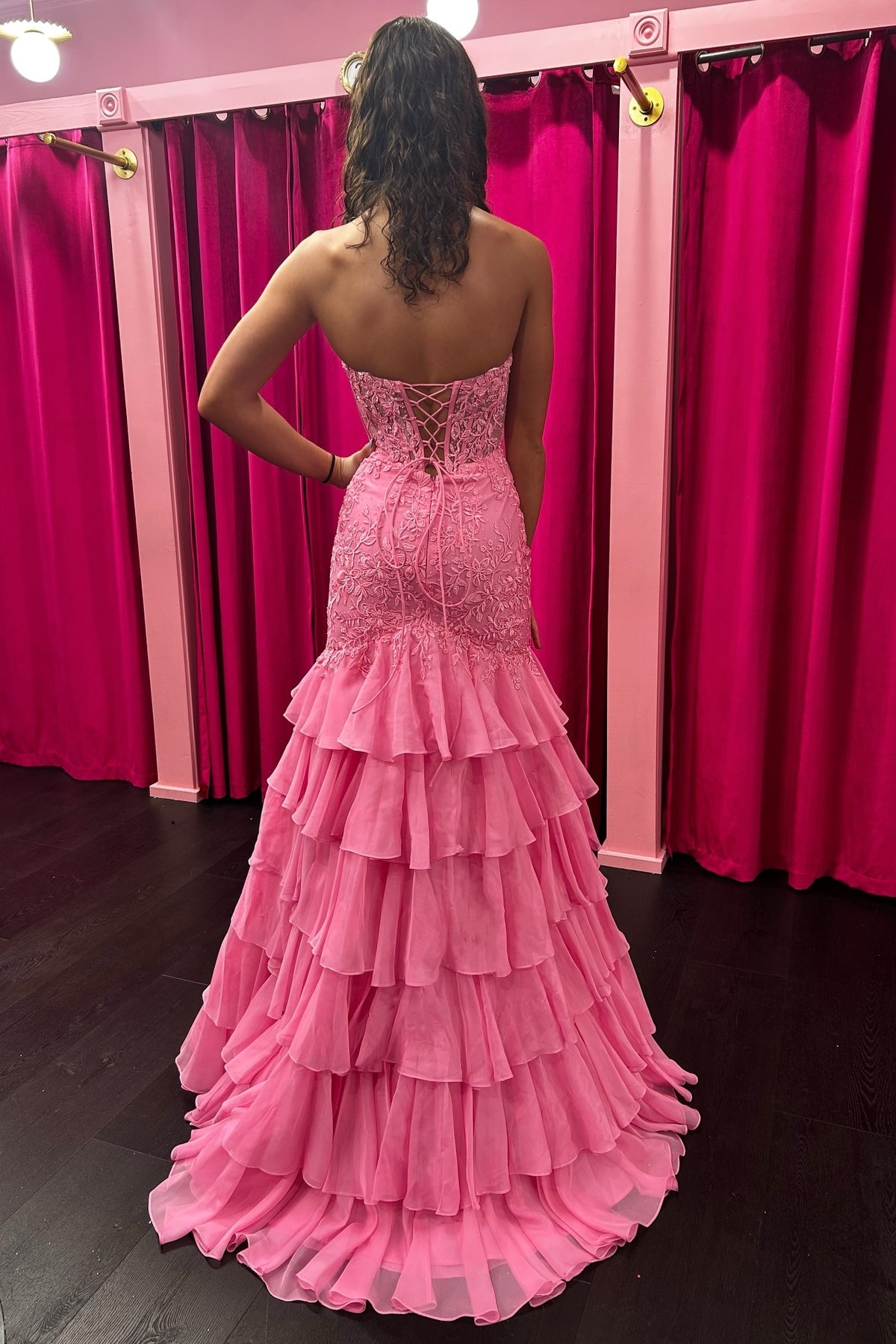Sweetheart Strapless Lace And Chiffon Tiered Party Prom Dress