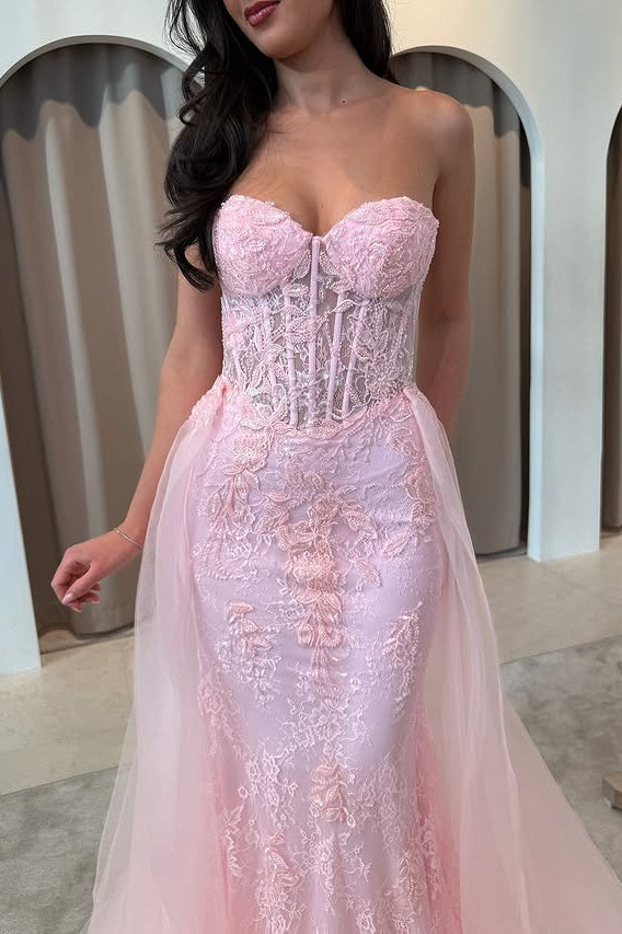 Sweetheart Strapless Lace Mermaid Party Prom Dress With Move Train