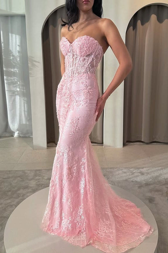 Sweetheart Strapless Lace Mermaid Party Prom Dress With Move Train