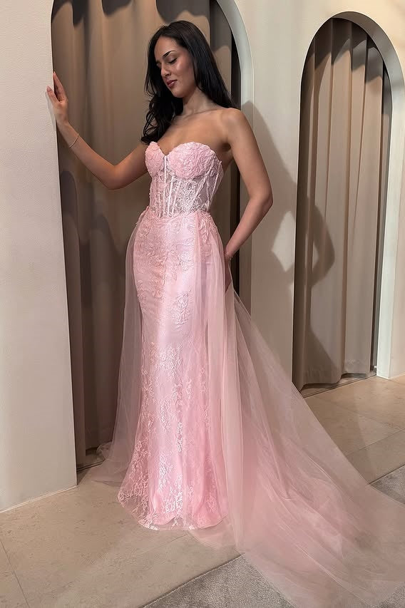 Sweetheart Strapless Lace Mermaid Party Prom Dress With Move Train