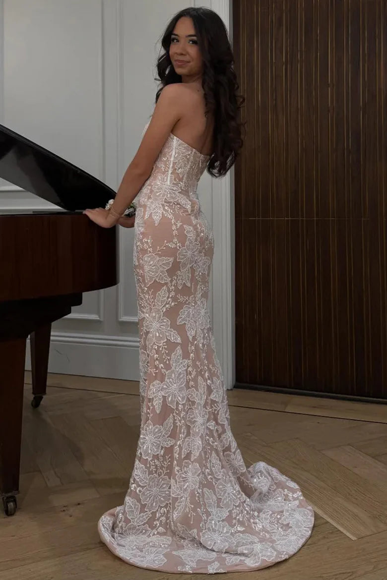 Sweetheart Strapless Mermaid Floral Appliques Party Prom Dress
