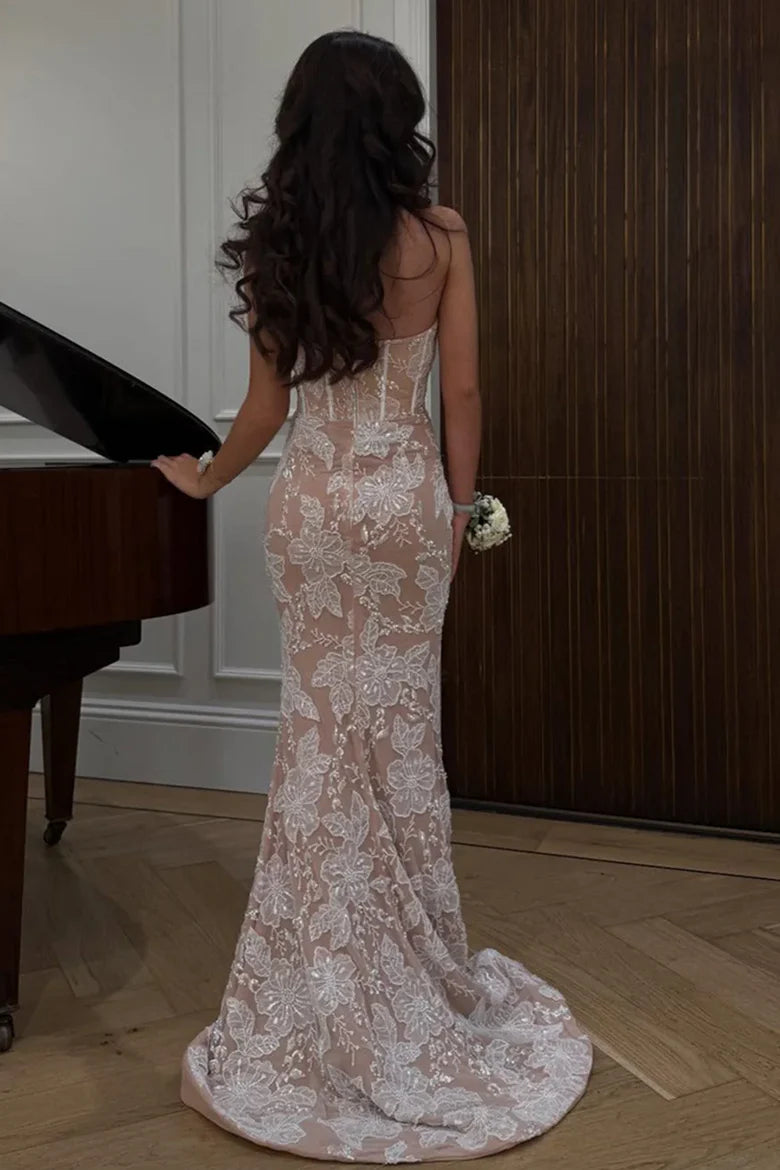 Sweetheart Strapless Mermaid Floral Appliques Party Prom Dress