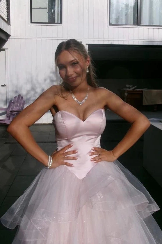 Sweetheart Strapless Satin And Tulle Tiered Party Prom Dress