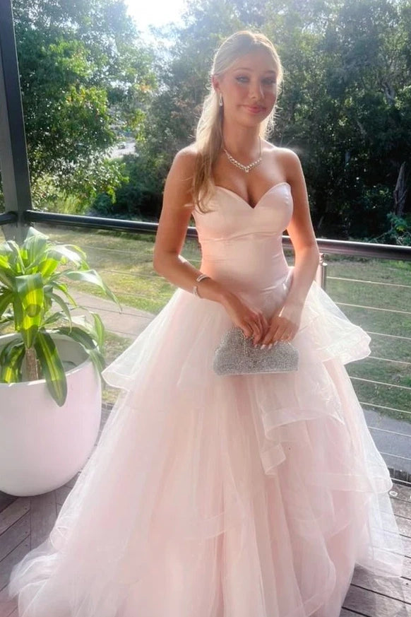 Sweetheart Strapless Satin And Tulle Tiered Party Prom Dress