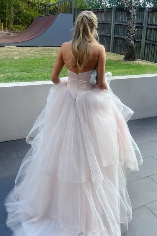 Sweetheart Strapless Satin And Tulle Tiered Party Prom Dress