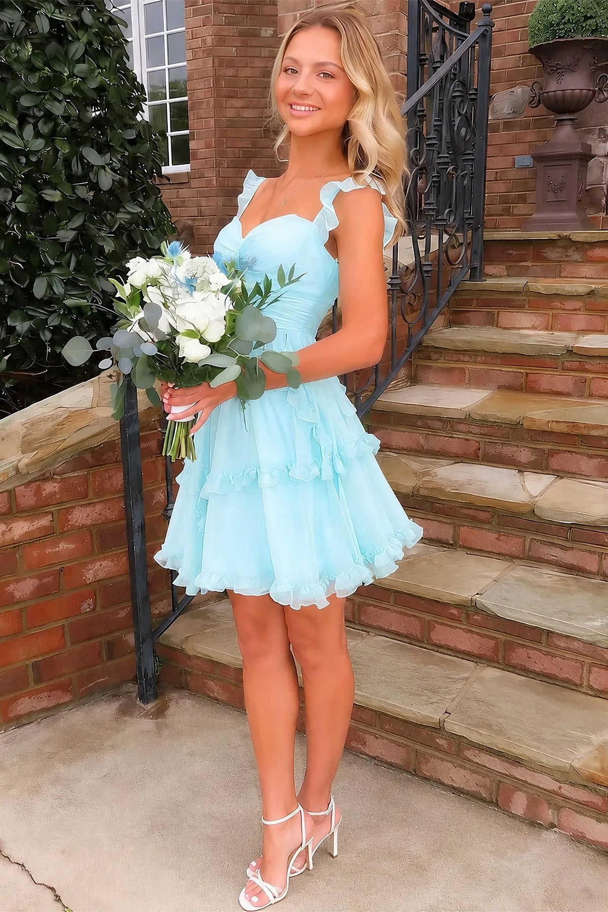 Sweetheart Straps A-Line Lace-Up Chiffon Ruffle Homecoming Dress