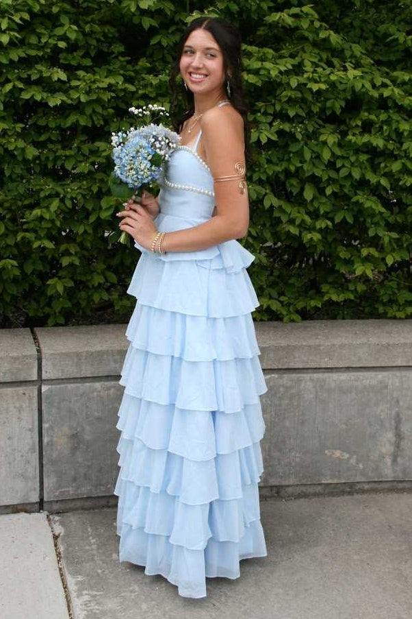 Sweetheart Straps Chiffon A-Line Lace-Up Tiered Party Prom Dress