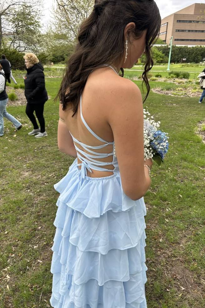 Sweetheart Straps Chiffon A-Line Lace-Up Tiered Party Prom Dress